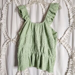 Stitch And Feather Sleeveless Bohemian Green Ruffle Top Stretch Floral sz Large